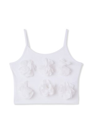 Top corto bianco con spalline sottili, decorato con sei applicazioni di fiori in tessuto 3D bianchi disposti in due file sul davanti.