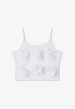 Top corto bianco con spalline sottili, decorato con sei applicazioni di fiori in tessuto 3D bianchi disposti in due file sul davanti.