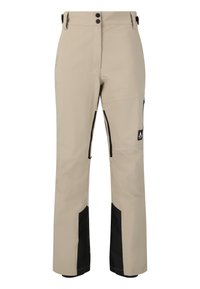 Beige wasserdichte Hose mit schwarzen Akzenten, zwei Vordertaschen, sichtbaren Reißverschlüssen und verstellbarem Bund. Glatte Textur, gerade Beinform.