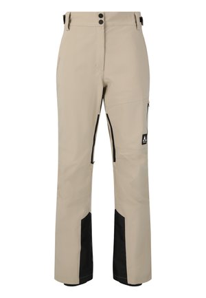 Beige wasserdichte Hose mit schwarzen Akzenten, zwei Vordertaschen, sichtbaren Reißverschlüssen und verstellbarem Bund. Glatte Textur, gerade Beinform.