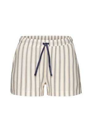 Gestreepte shorts met een zachte stof, elastische tailleband en een marineblauwe trekkoord. Strepen in lichtblauw, geel en wit.