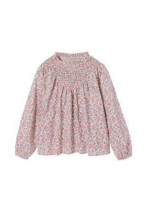 Langärmlige, hellfarbige Bluse mit gerafftem Ausschnitt und floralem Druck in Rosa-, Orange- und Grüntönen.