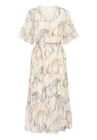Maxikleid mit V-Ausschnitt und kurzen Ärmeln, das eine Kombination aus cremefarbenen, blauen und braunen Pferdemustern auf strukturiertem Stoff zeigt.