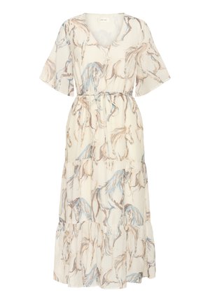 Maxi dress with a V-neck and short sleeves, featuring a blend of cream, blue, and brown horse patterns on textured fabric.