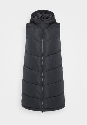 Juodas gobtuvas pūkų liemenė su viso ilgio užtrauktuku, išsiskirianti siuvinėta tekstūra, glotnia danga ir iki kelių ilgiu.