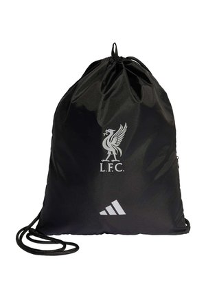 Sort snørebåndstaske med hvidt Liverpool Football Club-logo og Adidas-logo på fronten mod en hvid baggrund.