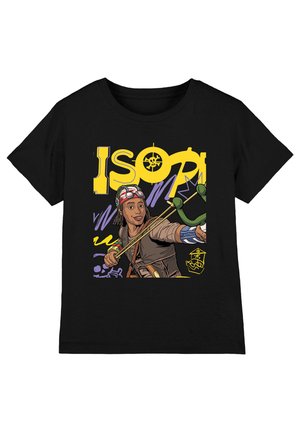 Black t-shirt with artwork of a person aiming a green slingshot, wearing goggles and gear, with bold yellow "ISOP" text and colorful accents.