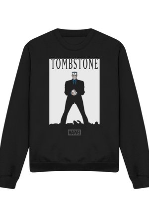 Black sweatshirt with Marvel's Tombstone graphic showing a menacing man in a suit with clenched fists, standing over shadowed figures.