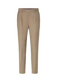 Beige broek van soepel materiaal, met een getailleerd ontwerp, rechte pijpen, plooien aan de voorkant en een standaard tailleband met rits.