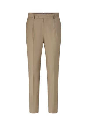 Beige Hose aus glattem Stoff, mit tailliertem Design, geradem Bein, Falten an der Vorderseite und normalem Bund mit Reißverschluss.