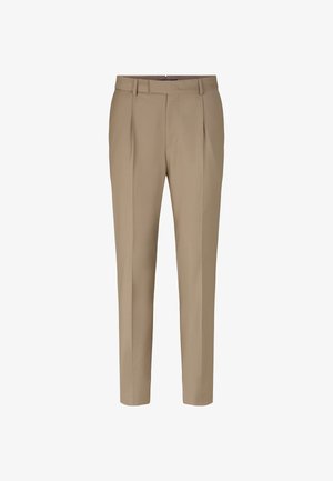 Beige Hose aus glattem Stoff, mit tailliertem Design, geradem Bein, Falten an der Vorderseite und normalem Bund mit Reißverschluss.