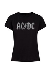Schwarzes Baumwoll-T-Shirt mit einem großen, metallisch silbernen "AC/DC"-Logo und einem Blitz, kurzen Ärmeln und klassischem Rundhalsausschnitt.