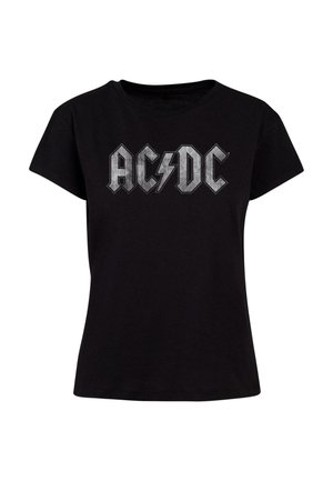 Černé bavlněné tričko s velkým, metalicky stříbrným logem "AC/DC" se bleskem, krátkými rukávy a standardním výstřihem.