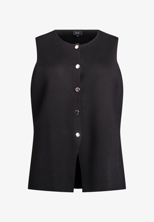 Čierny bezrukávový kardigán s okrúhlym výstrihom, piatimi striebornými gombíkmi na prednej strane a malým rozparkom vpredu na okraji.