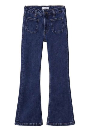 Mørkeblå denimjeans med forlommer foran, knap- og lynlås lukning samt let udvidede ben.