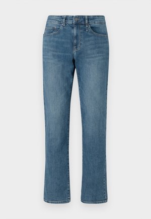 Lyseblå denim jeans med rette ben, standard midje og synlig søm. Har fem lommer og glidelås.