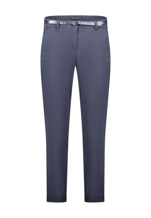 Pantalon bleu marine coupe slim avec ceinture assortie, poches inclinées à l'avant, et revers aux ourlets, présenté sur un fond blanc.
