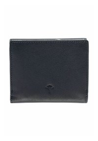 Portefeuille en cuir noir à finition texturée, avec un logo discret embossé sur le devant et des coutures contrastantes le long des bords.