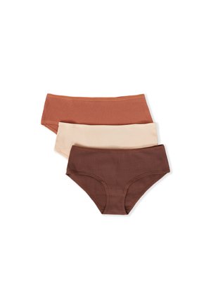 Three pairs of ribbed panties in rust, beige, and dark brown colors. Each features a high-rise design and soft, stretchy fabric.