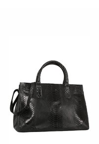 Zwarte handtas met een faux slangenhuidtextuur, twee afgeronde handvatten en een verstelbare schouderriem.