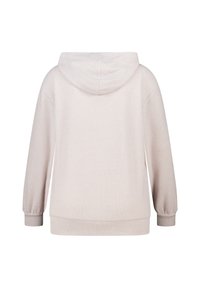 Lichtbeige hoodie met een geribbelde textuur, voorzien van een capuchon en lange mouwen, elastische manchetten en een ontspannen pasvorm. Achteraanzicht weergegeven.
