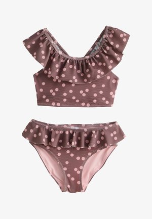 Set bikini marrone a pois con top corto arricciato e slip abbinati con dettagli a volant, realizzato in tessuto strutturato rosa e marrone.