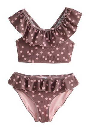 Braunes Bikini-Set mit weißen Punkten, bestehend aus einem Rüschen-Crop-Top und passenden Höschen mit Rüschendetails, aus strukturiertem Stoff in Pink und Braun.