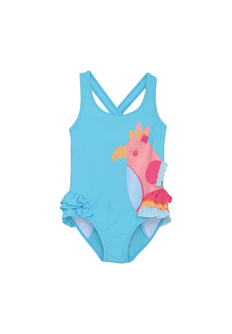 Ljusblå baddräkt med korsade axelremmar, prydd med en färgglad fågeldesign och volanger i rosa, orange och blått.