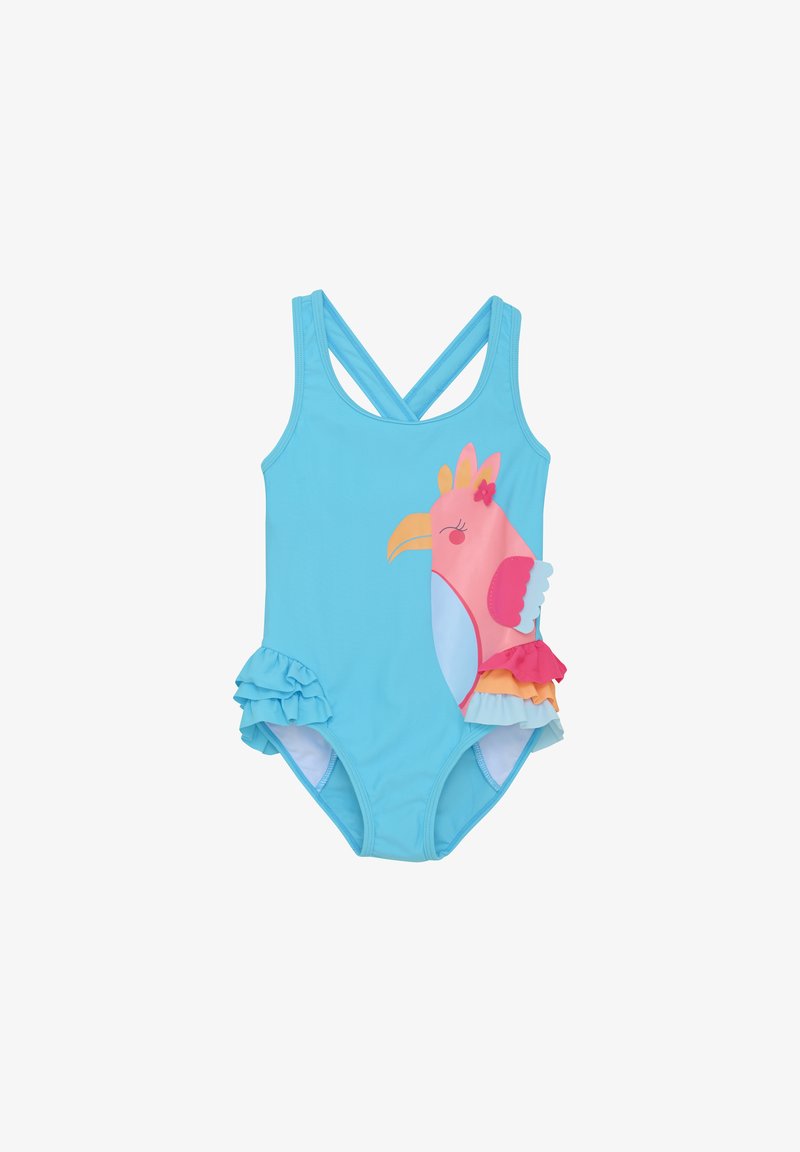 Maillot de bain une pièce bleu clair avec des bretelles croisées, présentant un design d'oiseau coloré et des accents froncés en rose, orange et bleu.