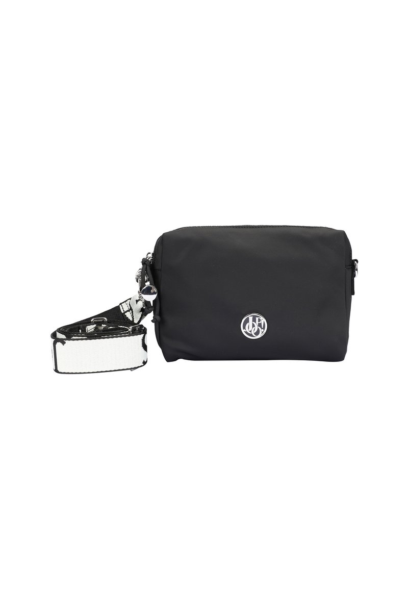 Black fabric crossbody bag with a zip closure, featuring a silver logo and a patterned adjustable strap in black and white.