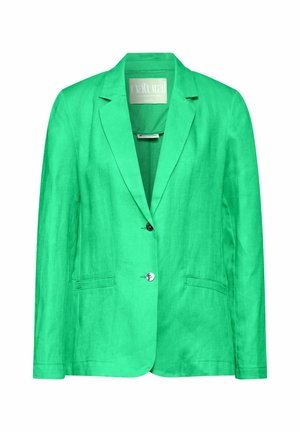 Zelený lněný blazer s klopami, dvěma předními kapsami a zapínáním na jeden knoflík, s hladkou texturou a strukturovaným střihem.