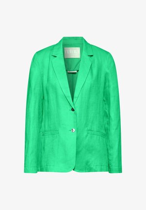 Zielona lniana marynarka z klapami, dwoma przednimi kieszeniami i pojedynczym zapięciem na guzik, charakteryzująca się gładką fakturą i dopasowanym krojem.