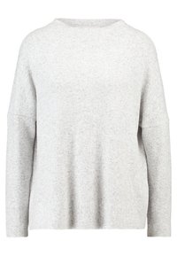 Hellgrauer, übergroßer Pullover aus weichem Strickmaterial. Er hat einen runden Halsausschnitt und raglanärmel sowie ein dezentes, strukturiertes Muster.