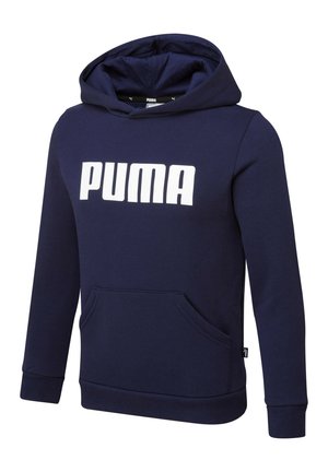 Granatowa bluza z kapturem z przednią kieszenią oraz białym logo "PUMA" na piersi, z długimi rękawami i kapturem.