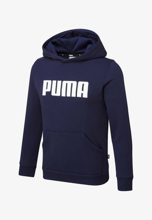 Granatowa bluza z kapturem z przednią kieszenią oraz białym logo "PUMA" na piersi, z długimi rękawami i kapturem.