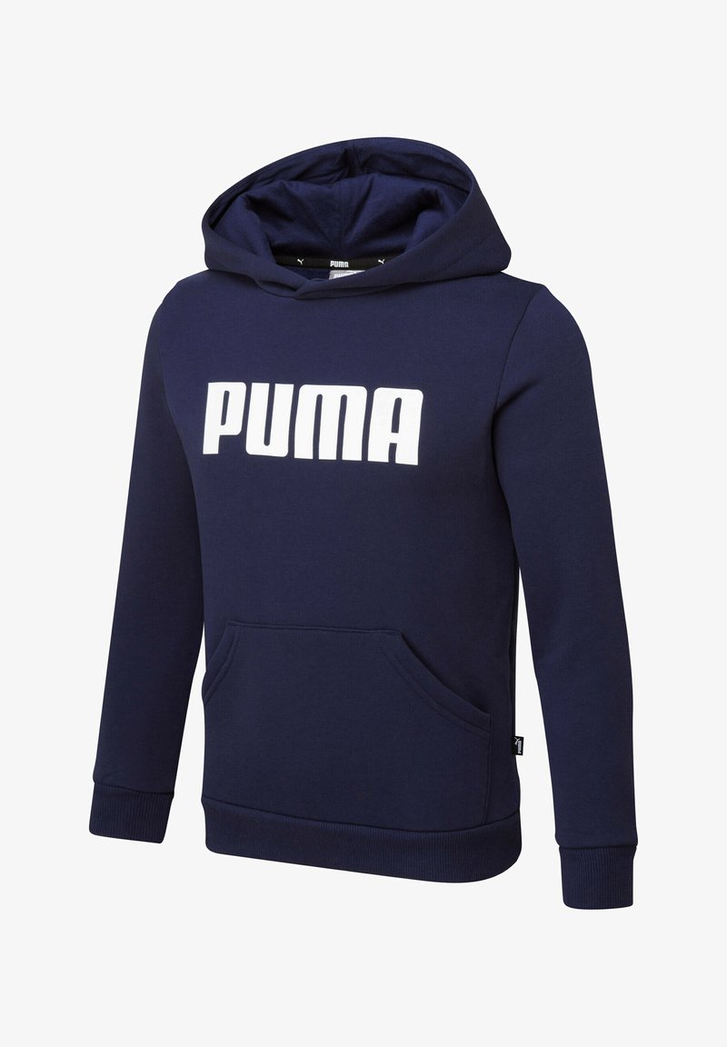 Sweat à capuche bleu marine avec poche kangourou et logo blanc "PUMA" sur la poitrine, manches longues et capuche.