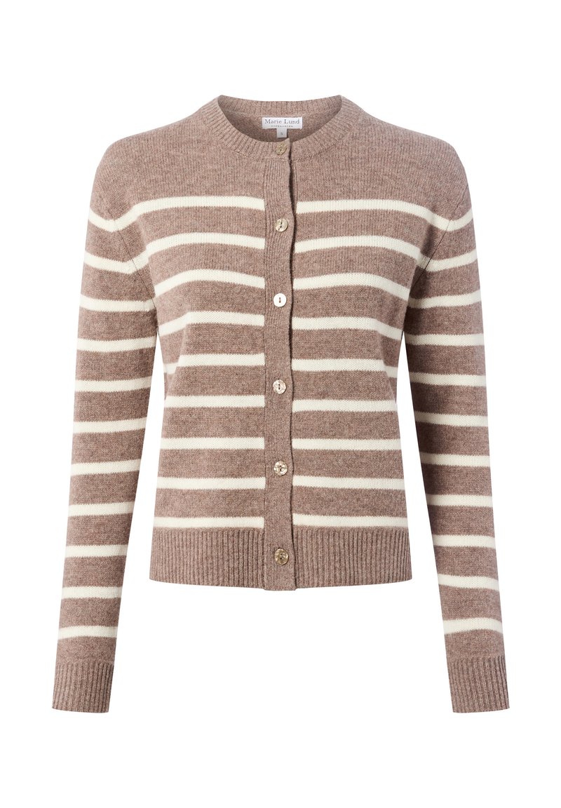 Bruin en wit horizontaal gestreepte button-up cardigan met lange mouwen en geribbelde manchetten en zoom.