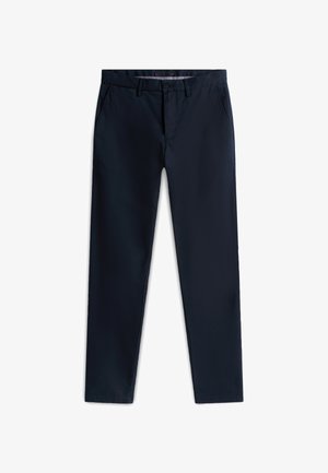 Marineblaue, schlanke Hose aus leichtem Stoff. Verfügt über vordere Taschen, einen Reißverschluss und einen einzelnen Knopfverschluss am Bund.