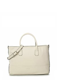 Sac fourre-tout en cuir beige avec deux poignées supérieures, une bandoulière réglable, une fermeture éclair et un passepoil noir le long des bords. Présente un design minimaliste.