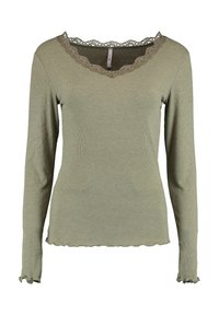 Langärmliges, geripptes Oberteil in olivgrün mit einem gewellten Spitzenkragen und Saum. Verfügt über enganliegende Ärmel und eine weiche Textur.