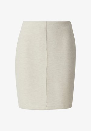 Lichtbeige aansluitende rok van zachte stof, met een gladde textuur en een gestroomlijnd ontwerp met een centrale naad aan de achterkant.
