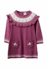 Violetinė megzta suknelė su ruffles apykakle, turinti raštuotą įsiuvą, dviem priekinėm kišenėm su siuvinėjimo akcentais ir ilgomis rankovėmis.
