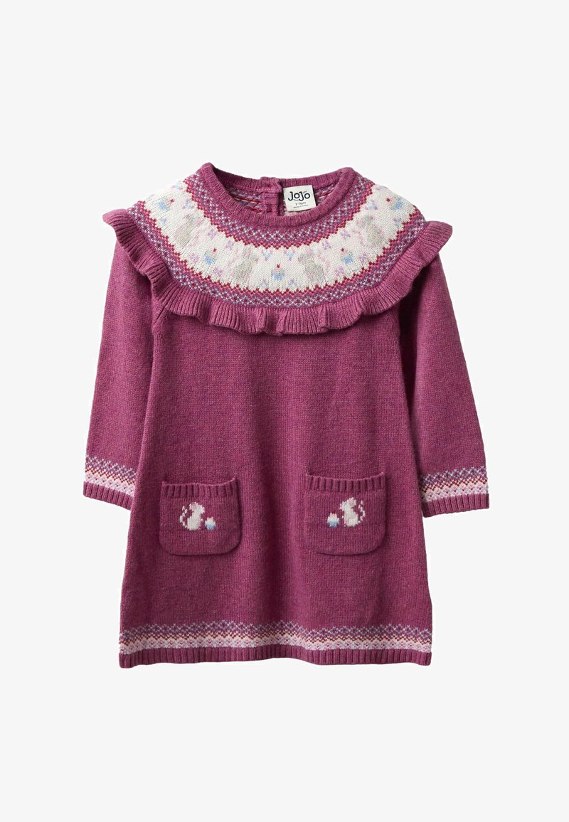 Robe tricotée violette avec un col froncé, présentant un empiècement à motifs, deux poches avant avec des accents brodés et des manches longues.