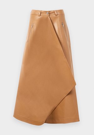 Tan leather wrap skirt with a smooth texture, featuring a front diagonal design and zippered pockets on either side.