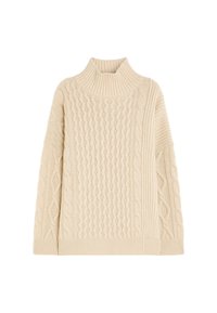 Beige neulottu villapaita, jossa on korkea ribbineuloskaulus, kaapelineulekuvioita ja väljälahkeinen malli ribbineuloksisilla hihoilla ja helmassa.