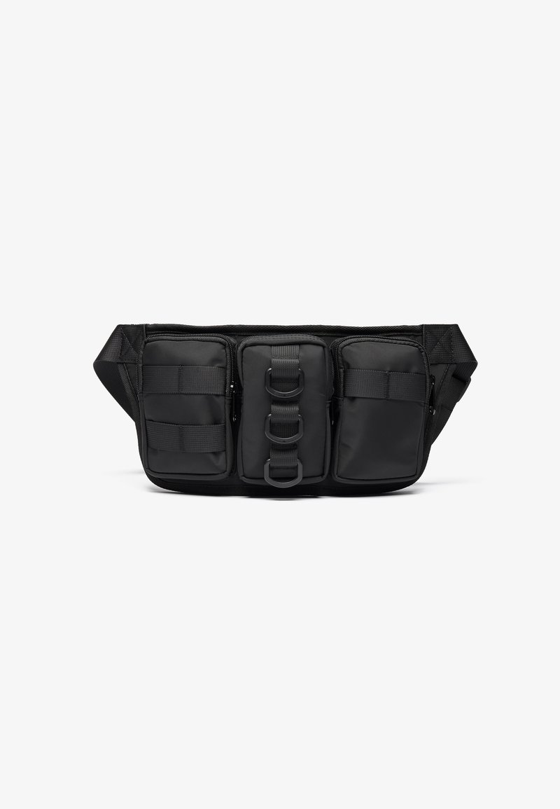 Black waist bag with three zippered compartments, adjustable straps, and durable fabric. Features webbing details and a sturdy buckle.
