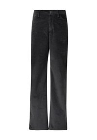 Pantalons larges en velours côtelé noir avec une surface texturée, fermeture à bouton et poches avant. Design simple, coupe droite et matériau doux.