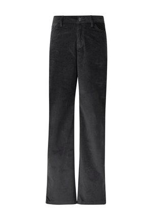 Schwarze Cordhosen mit weitem Bein, strukturierten Oberfläche, Knopfschluss und vorderen Taschen. Einfaches Design, gerader Schnitt und weiches Material.