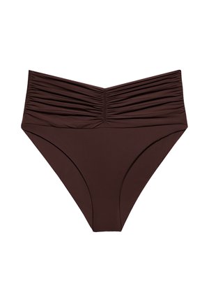 Braguitas de bikini marrones de talle alto con detalles fruncidos en la cintura, diseñadas para un ajuste favorecedor y cómodo.