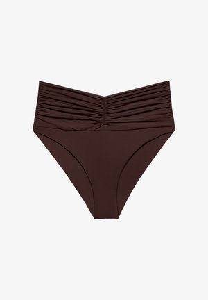 Braguitas de bikini marrones de talle alto con detalles fruncidos en la cintura, diseñadas para un ajuste favorecedor y cómodo.